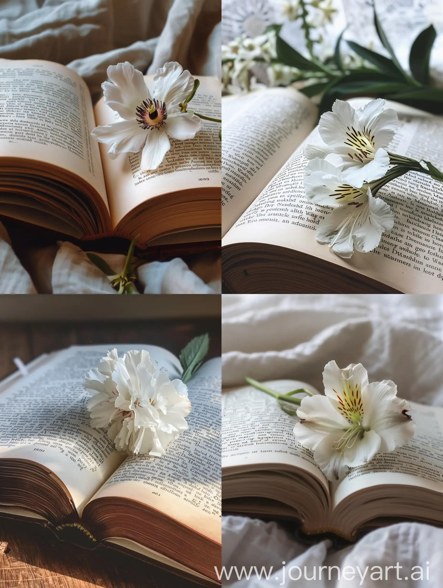 打开的书本可以看到文字内容，书上面有一把白色的花，宁静的午后