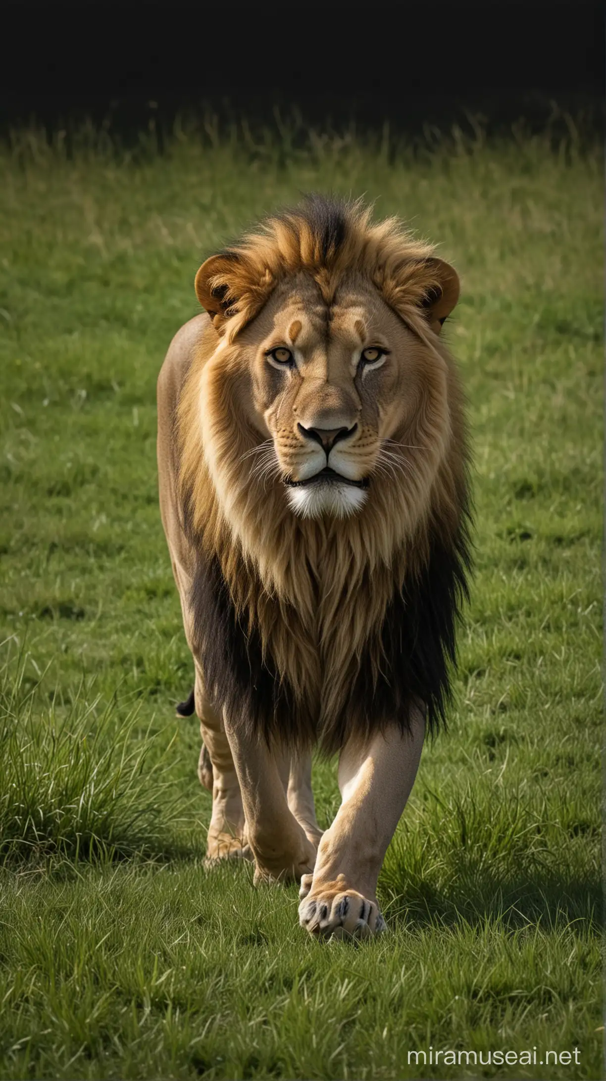  lion walking in grass with a black background