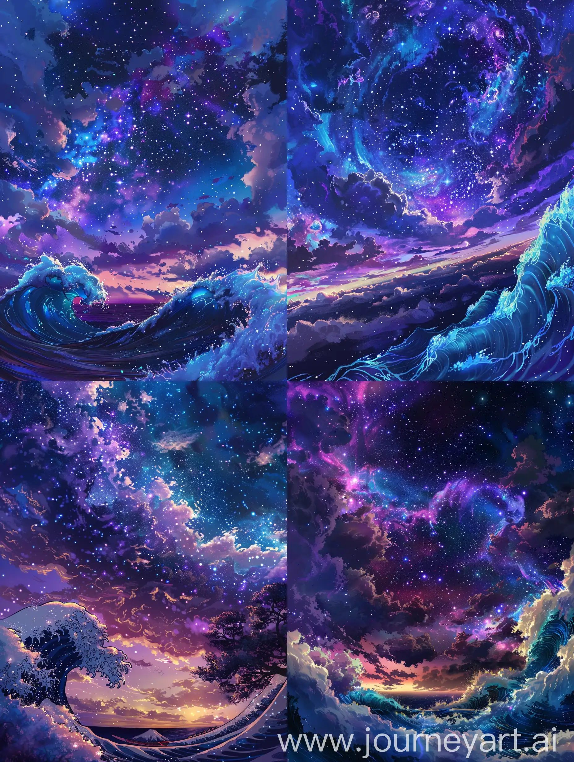 Anime style,realism but still stylized,bit of msjato shinkai style touch,The night sky depicted in the image you shared is described as a surreal and vibrant canvas, teeming with stars and nebulae that cast purple and blue hues. A wave-like cloud formation swirls through the starry expanse, adding to the fantastical atmosphere. enhanced portrayal of the night sky evokes a sense of wonder and the infinite beauty of the cosmos.