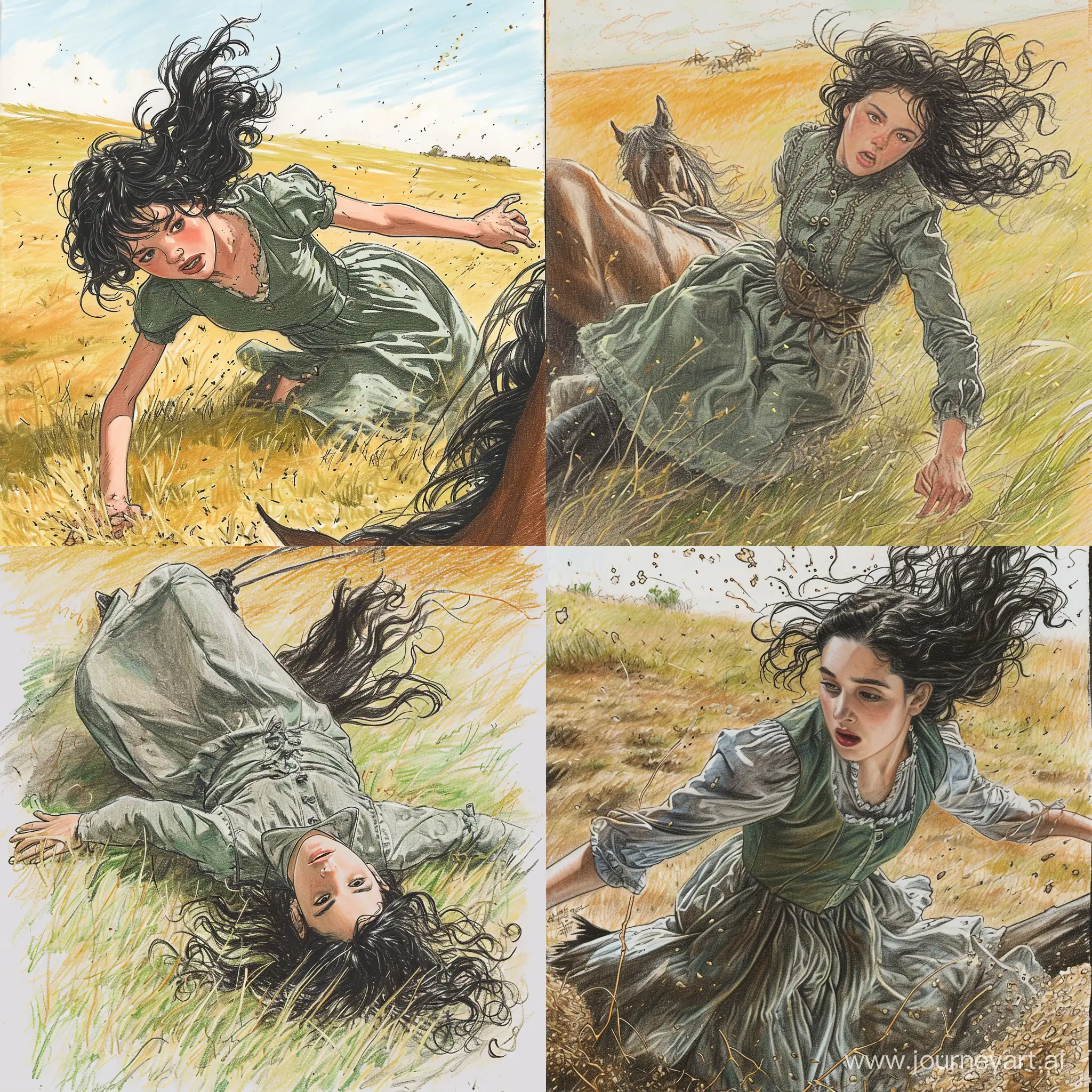 Teenage-Girl-Falling-from-Horse-in-Vibrant-Color-Pencil-Art