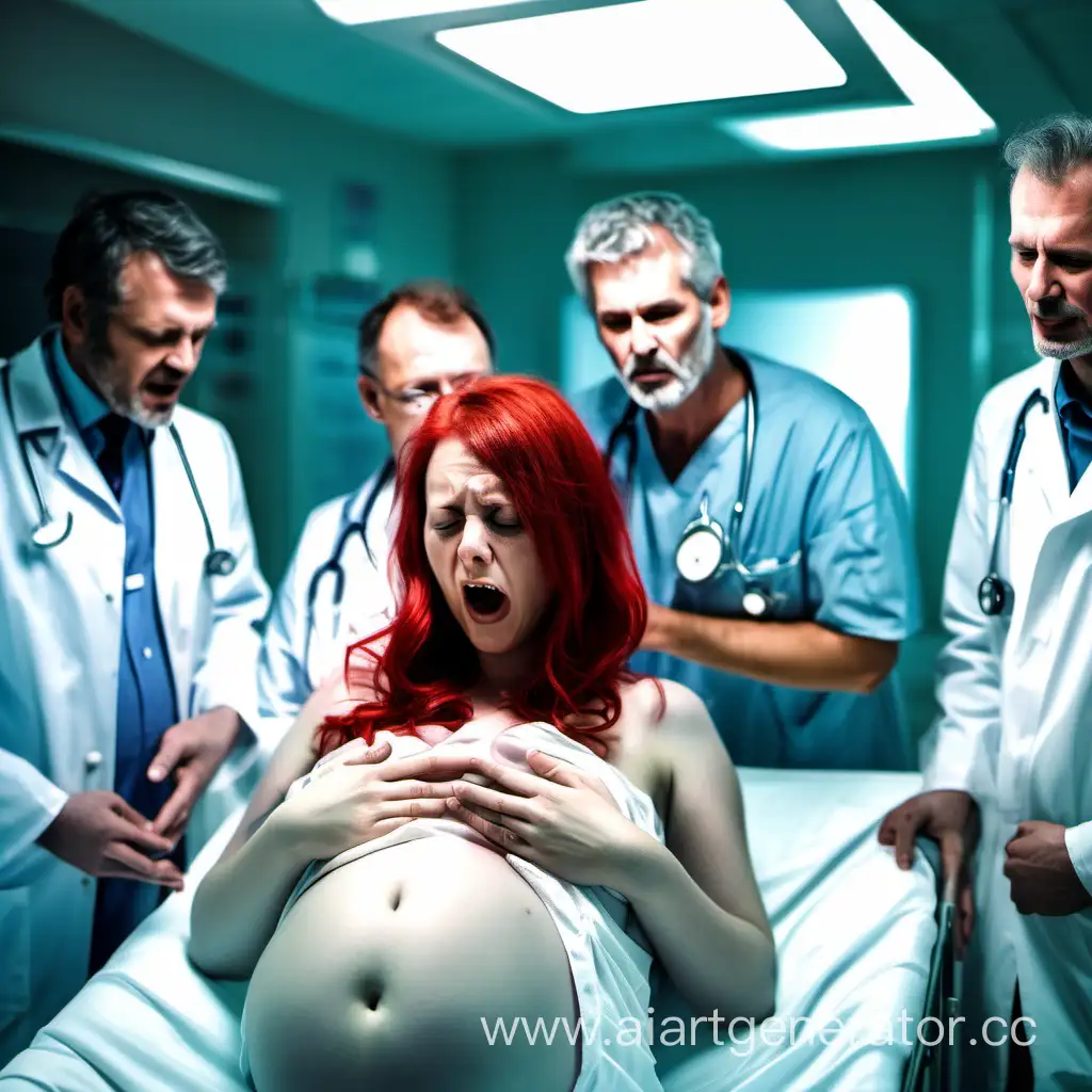 Expectant-Mother-in-Futuristic-Delivery-Room-RedHaired-Woman-Screaming-in-Anticipation