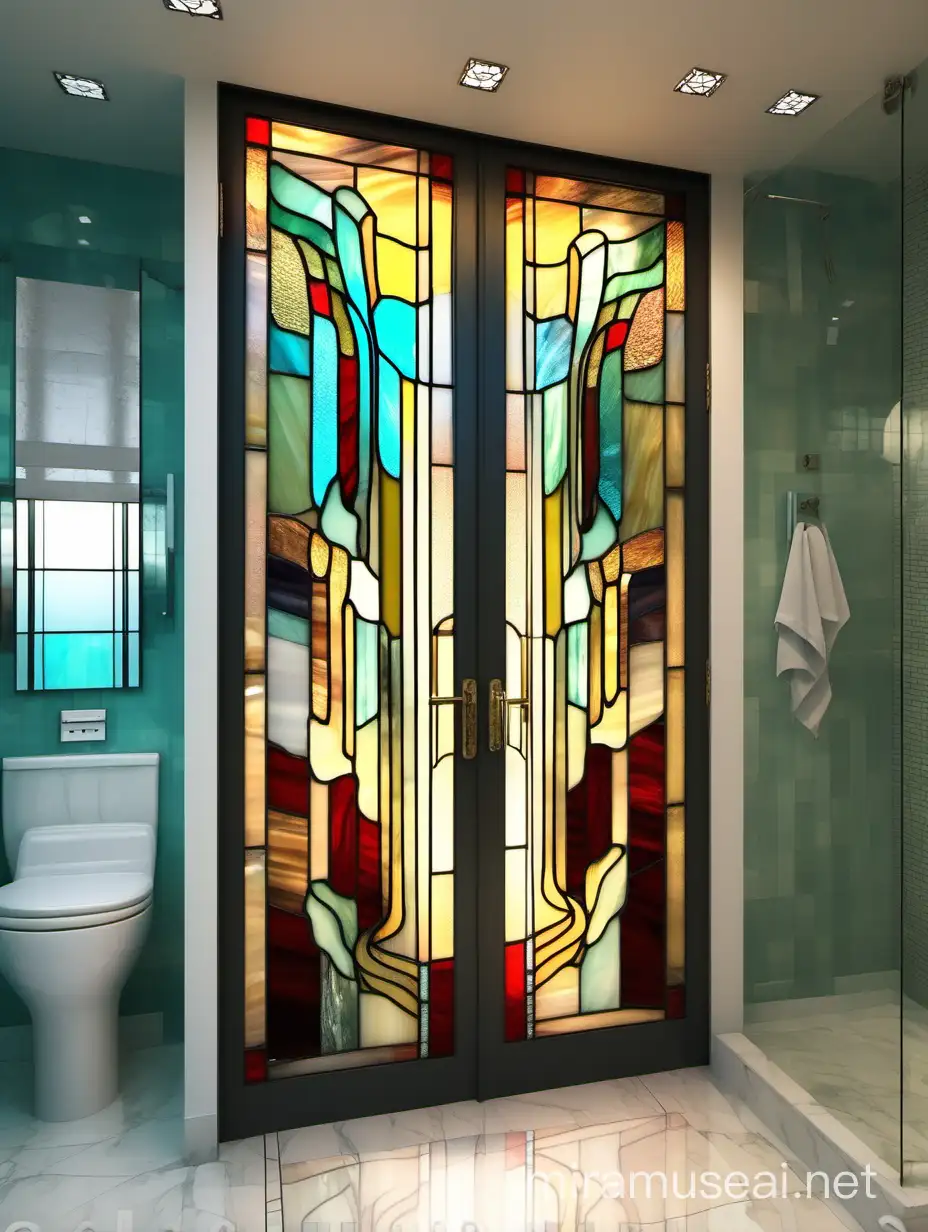 Tiffany Stained Glass Door Adds Abstract Elegance to Bathroom Decor