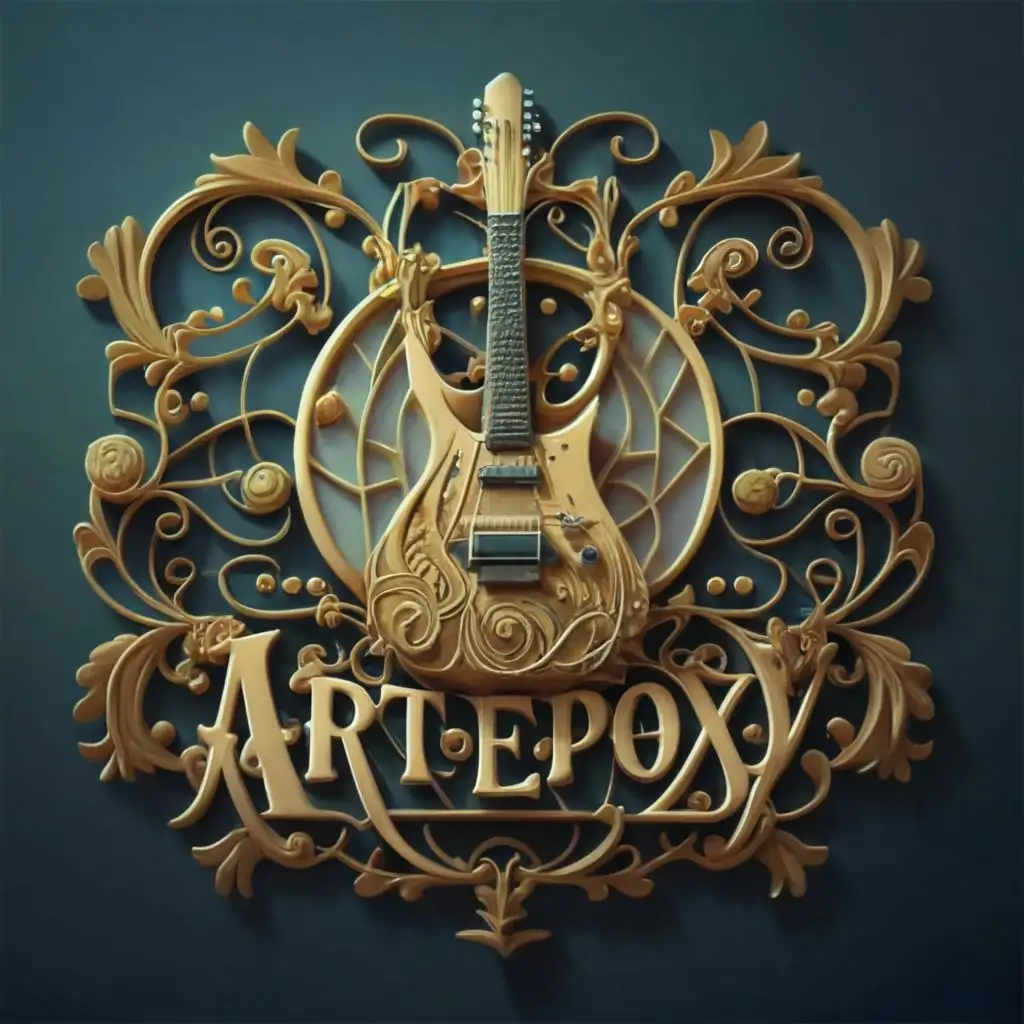 a logo design,with the text "ArtEpoxy", main symbol:Guitar, art, 3d, epoxy, epoxy art,complex,clear background