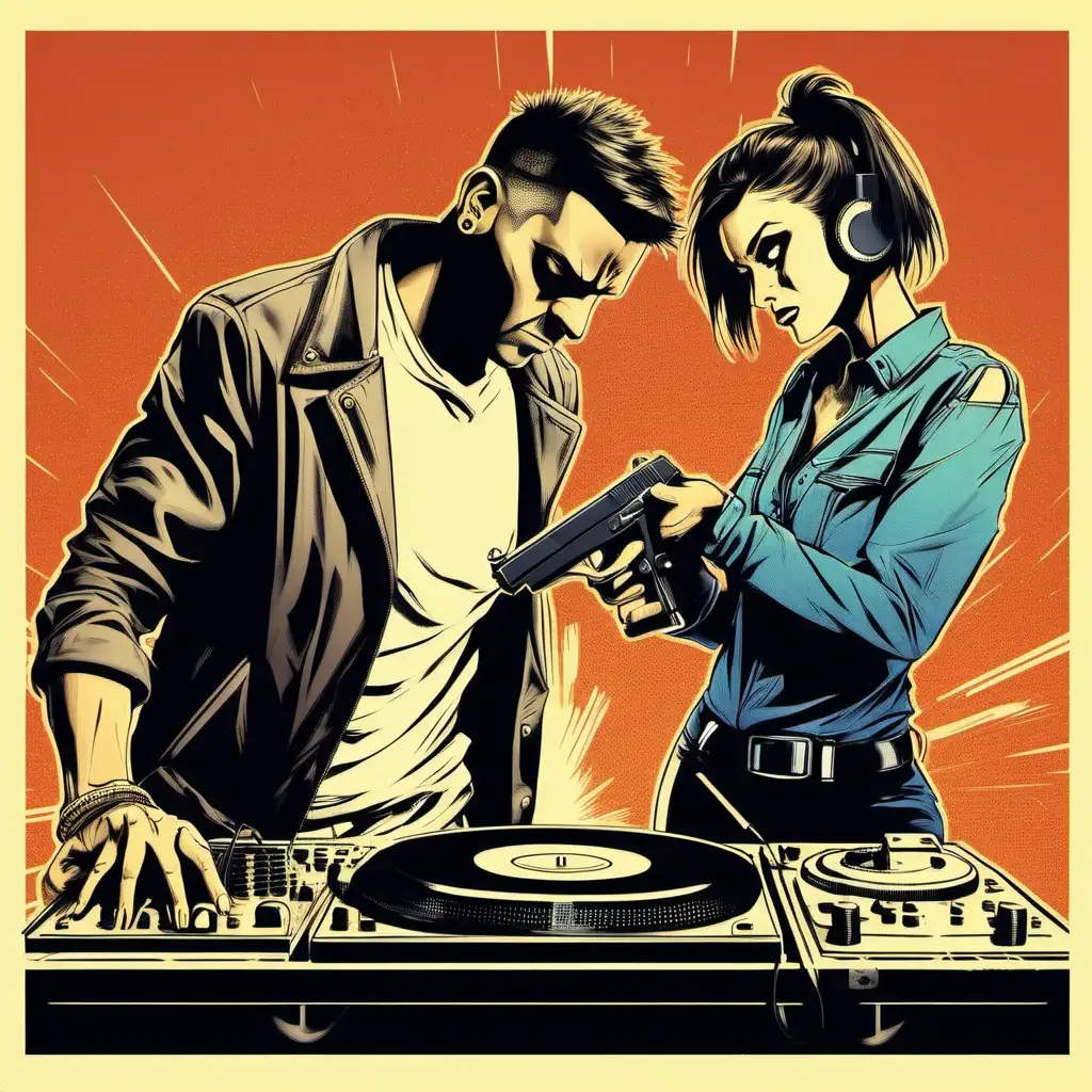 A male DJ is cueing up a record. A tough female behind him threatens him with a gun.