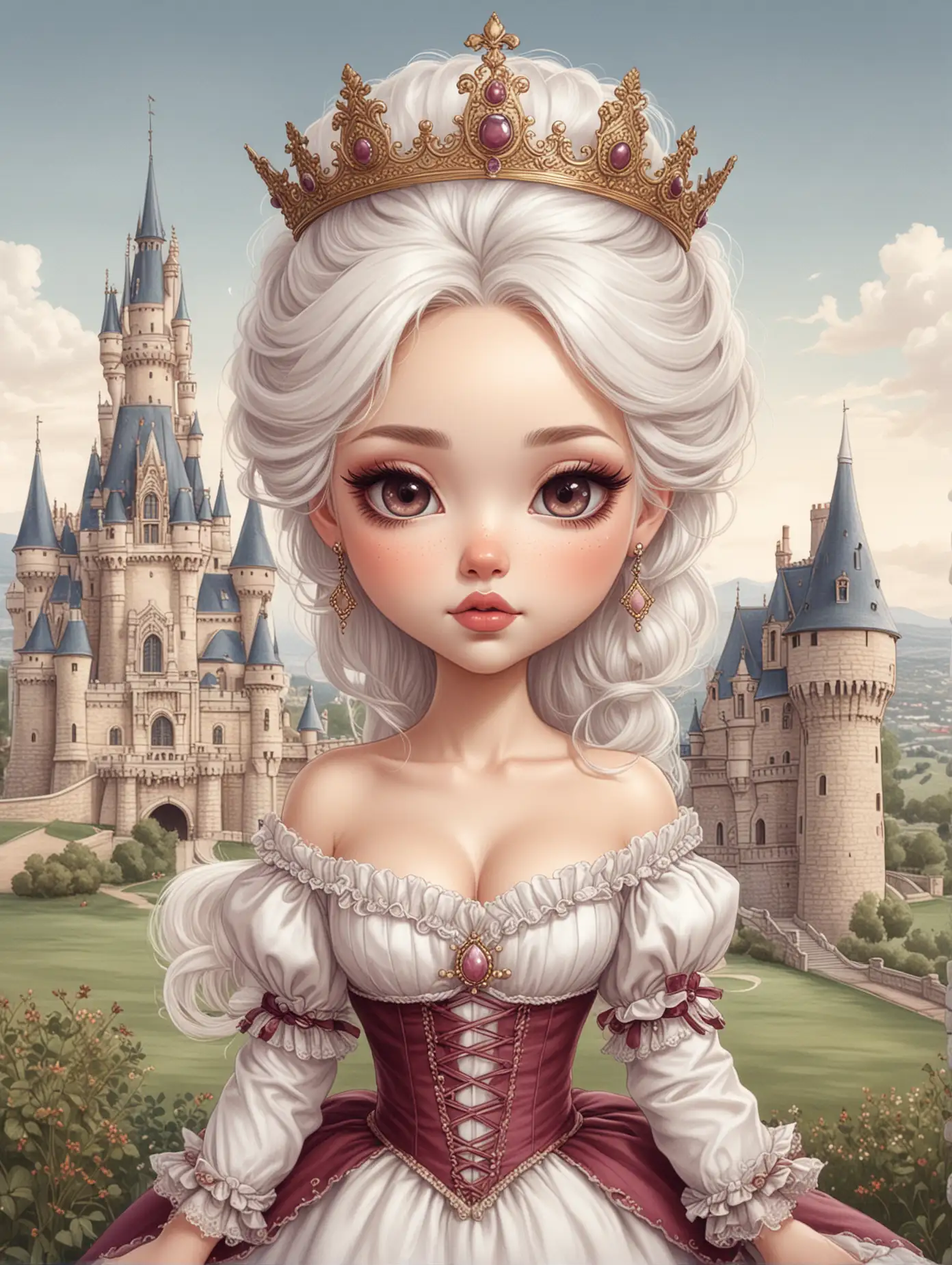 realistic pencil drawn sketch outline of a beautiful woman, chibi style, she has white hair, plump lips, big almond eyes. She is dressed as Marie Antoinette, the french queen, she wears a crown, her dress is burgundy, there's the castle behind her