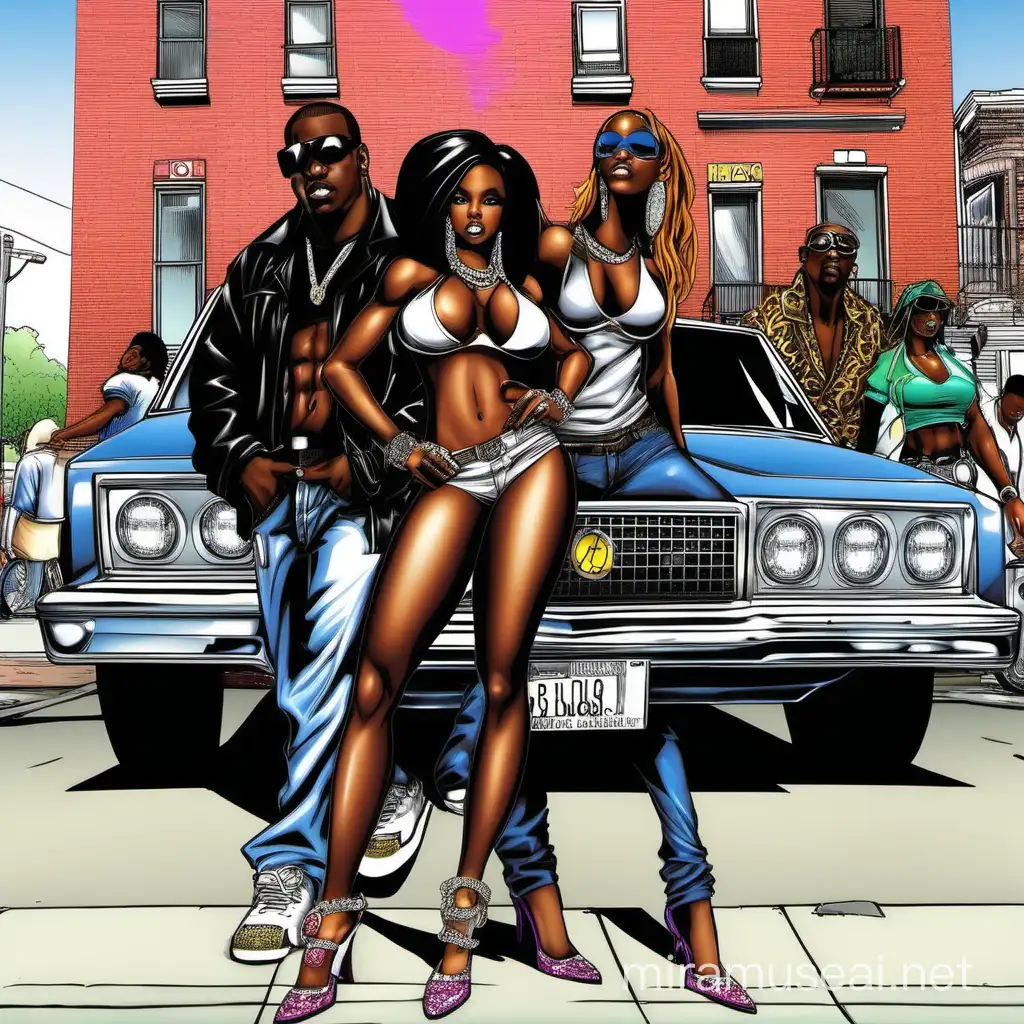 African american beautiful sexy classy girls and flashy fabulous thugs stand on sidewalks and alleyways in bustling cityscape. The rappers take to the streets in souped-up flashy blinged cars, racing through the city. turning heads visual feast of blinged flashy cars, group of fladhy thugs and urban landscapes, capturing the adrenaline-fueled excitement of the rap lifestyle IN 2001 early 2000s brand logo album cover