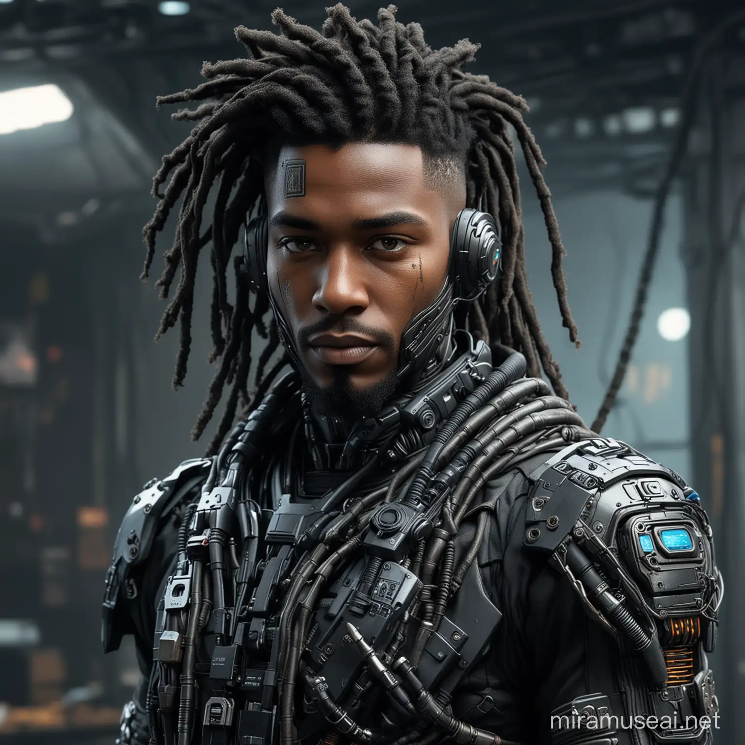male black mech pilot electronic cable dreads cyberpunk in a suit
