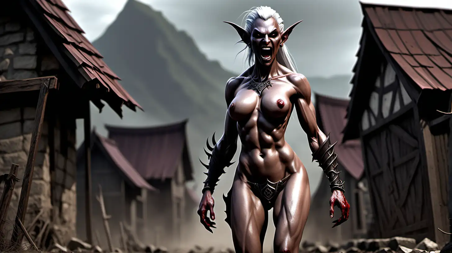 female dark elf, muscular, naked, evil, rampage, raiding village, bloody, evil laugh