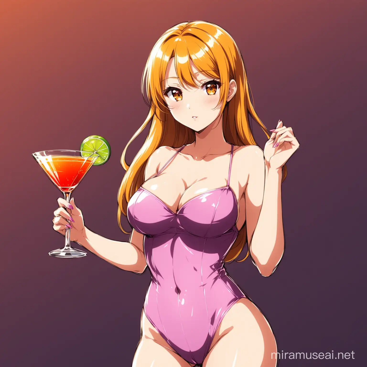 A young girl with a sexy body is holding a glass with a cocktail in anime style