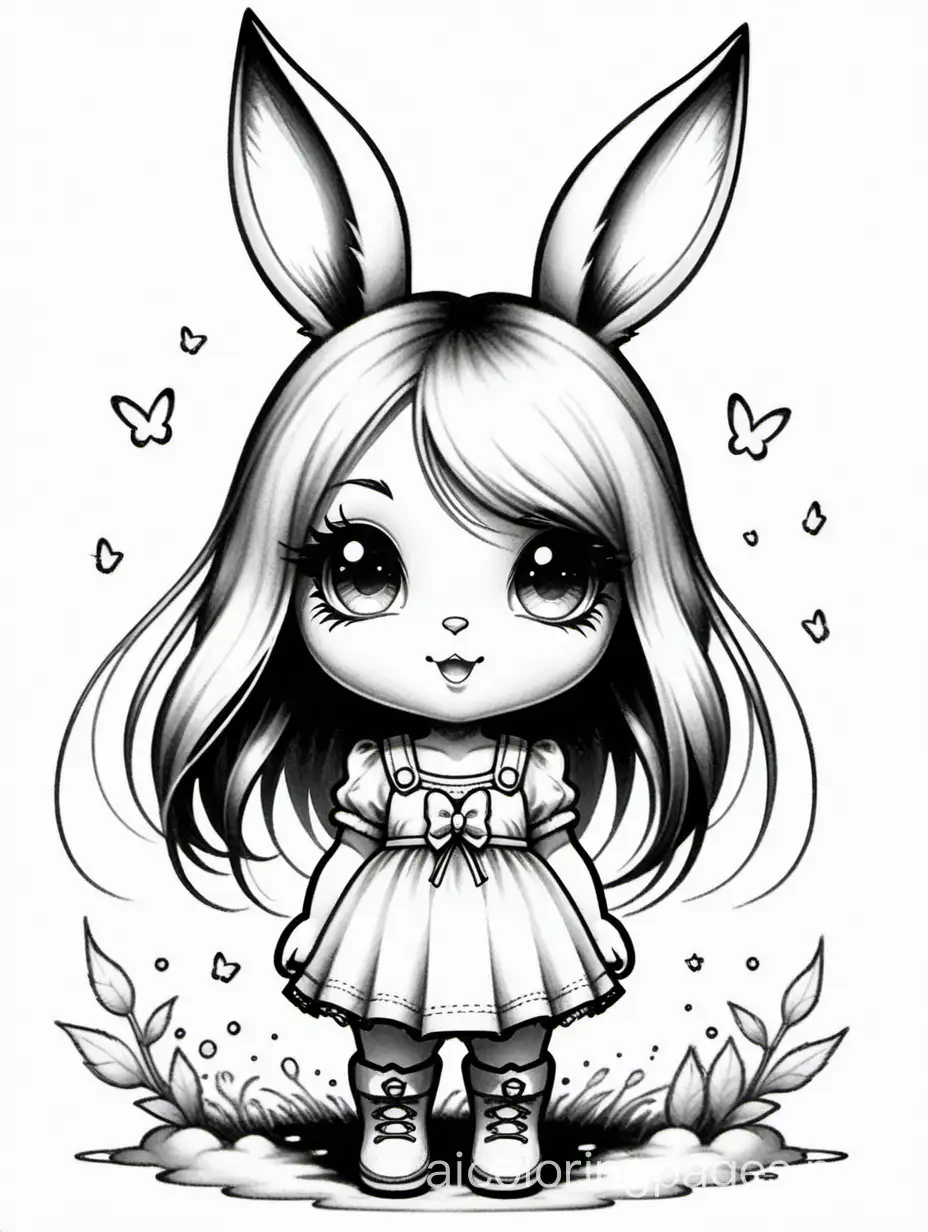 Stephen Gammell style, line drawing, A tiny chibi bunny, fantasy, high detail ,, Coloring Page, black and white, line art, white background,, Coloring Page, black and white, line art, white background, Simplicity, Ample White Space. The background of the coloring page is plain white to make it easy for young children to color within the lines. The outlines of all the subjects are easy to distinguish, making it simple for kids to color without too much difficulty