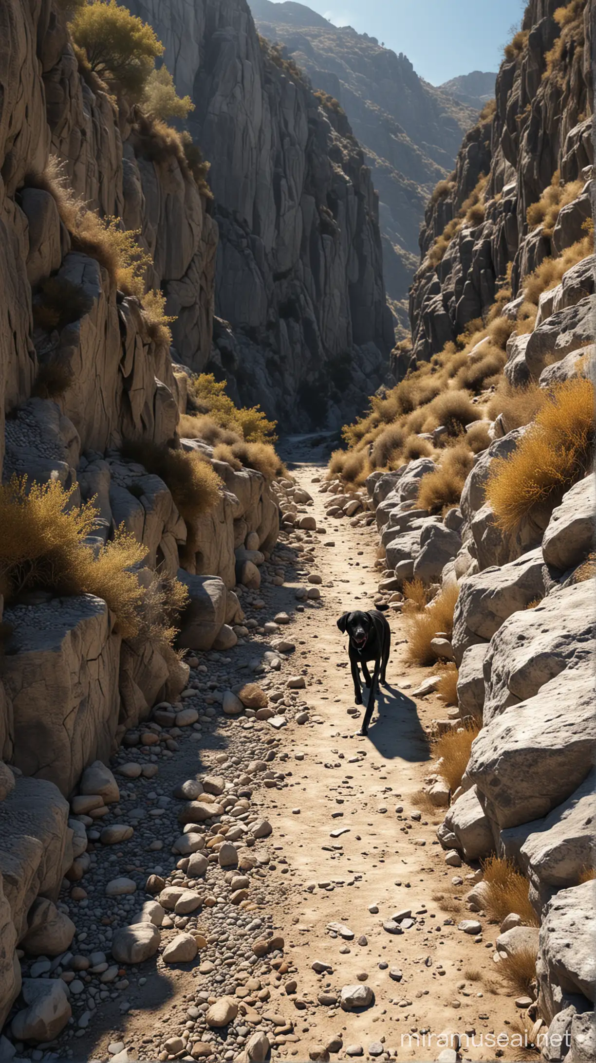 a black dog semi-labrador walking in a gorge in Crete in mountains looking for something, 3D, Photorealistic