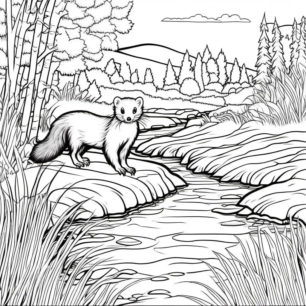 simple black and white coloring book picture of mink by stream