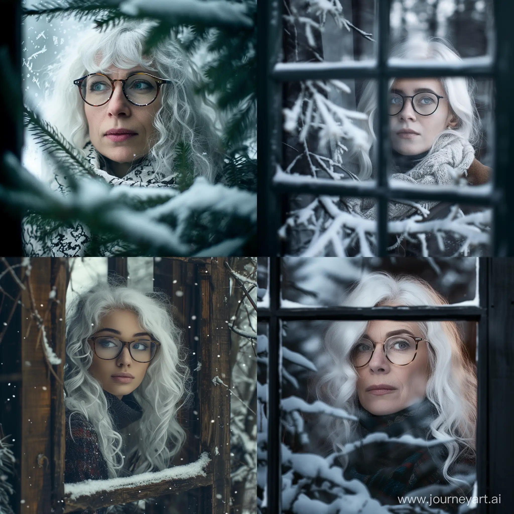 create a real white hair woman with glasses watching through window snowy forrest 