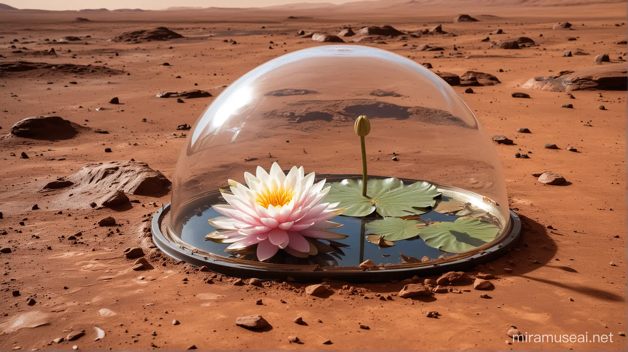 water lily under glass dome on mars surface