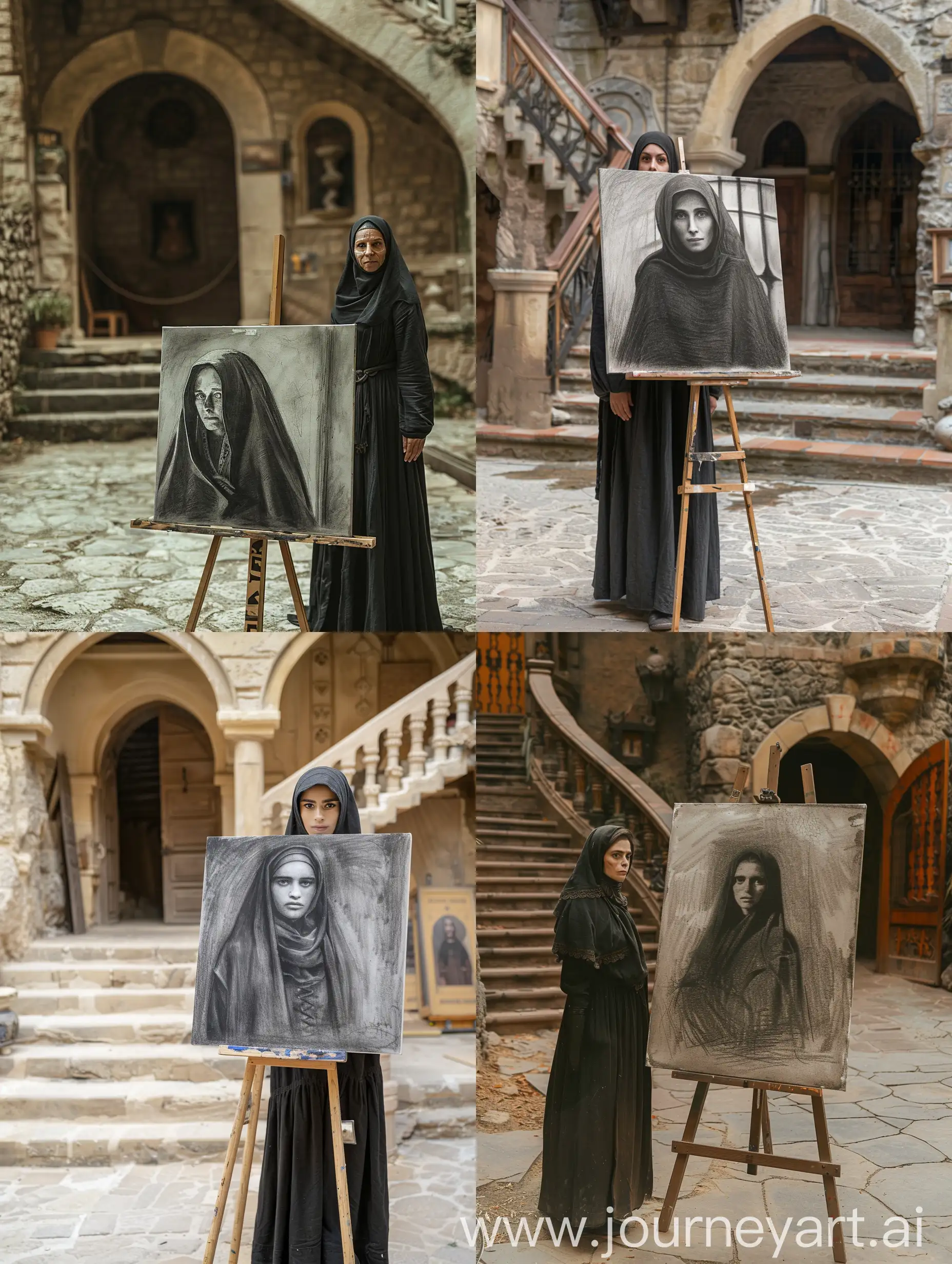 middle age standing peasente lady wearing long humble black dress, entrance of medieval House, background a stairs and arched door, huge canvas with a charcoal drawing of a veiled woman portrait,on a drawing wooden stand,day light, outdoor,  --ar 3:4