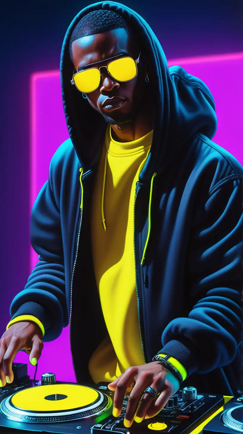 Close up view, Black man wearing Dystopian outfit, wearing black hoody, wearing yellow shades, mixing on two turntables, Facing the camera, High definition, 8k resolution Bright neon colors