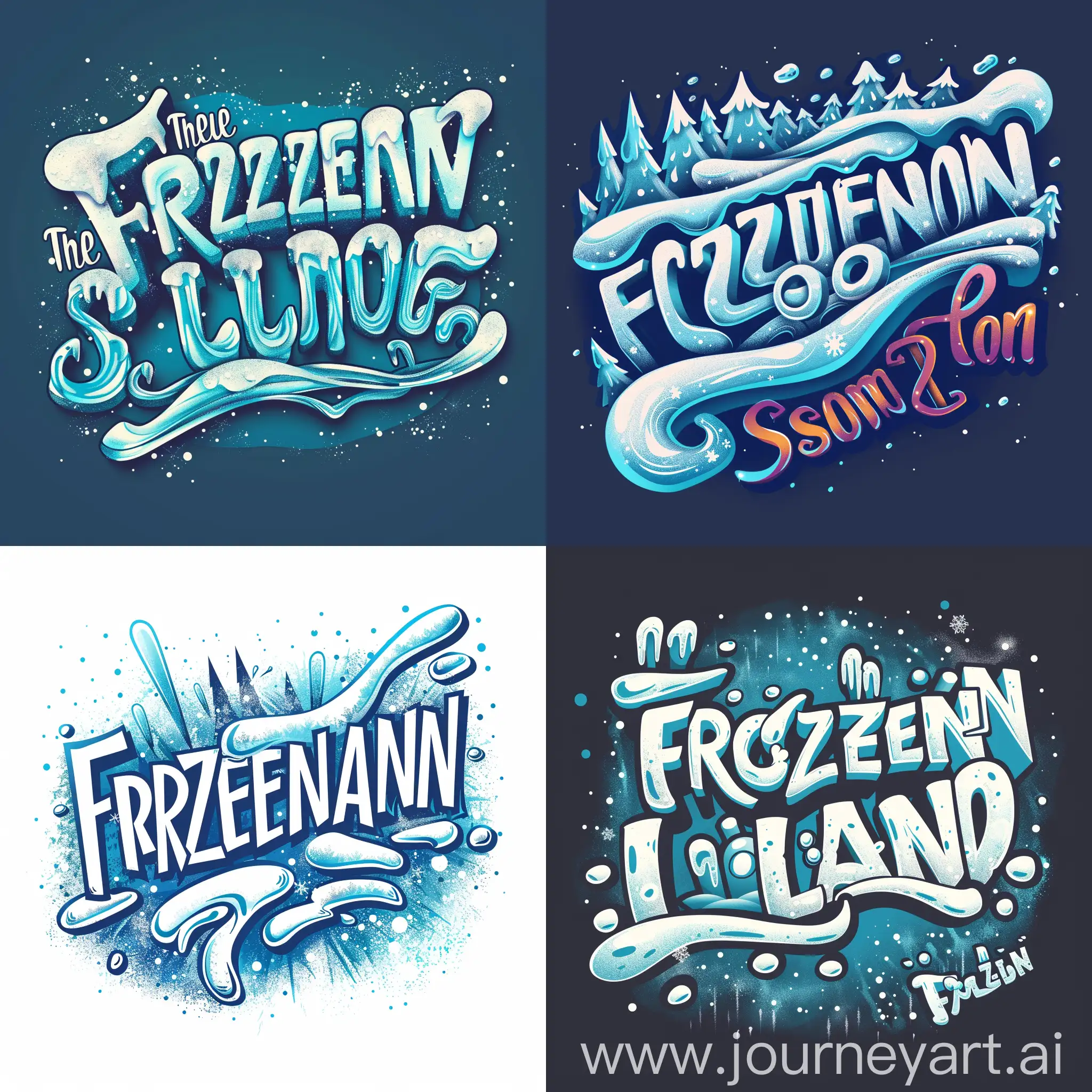 Make logo with the word "FROZENLAND", Text style title, with large and fun and cursive font, the letters are snow style for logo brand Snow Themepark