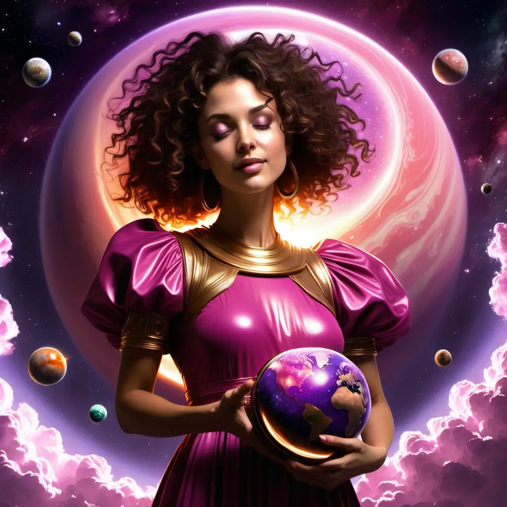 a pretty starseed astrologer woman, futuristic, in her 30s, medium build, holds a planet, you can see her upper body, long dark pink dress, wealthy, powerful, confident, sassy, holds gold purse, eyes closed, olive skin, pretty, smiles, big roman nose, short brown curly hair, looks to side, planets above her head, the sun is blazing down bright, sunset, pink peach purple sky, dreaming, planets are bursting out of her head

