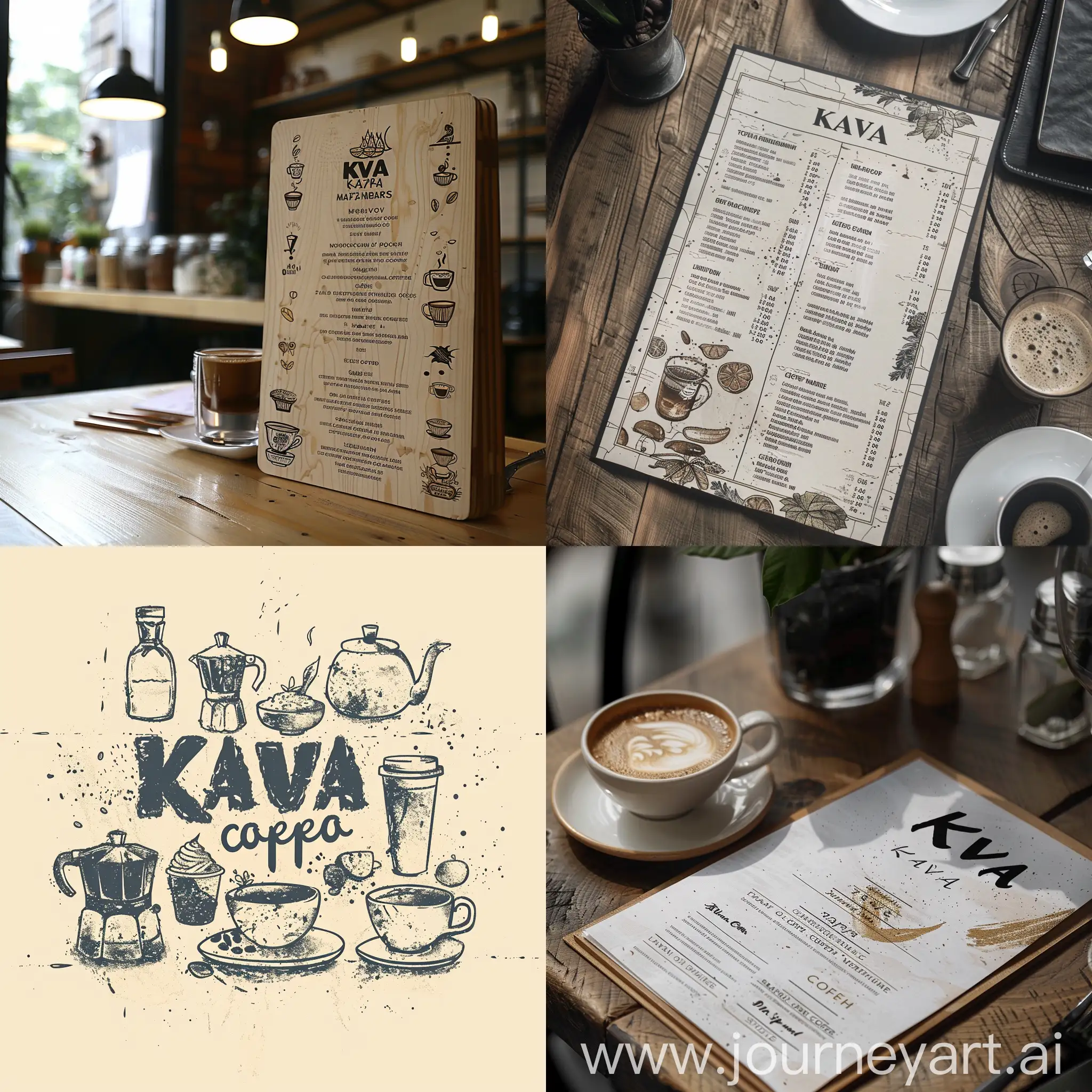 logo and brand kit for a coffee shop called Kava, translated from Ukrainian coffee. The menu with a recognizable trademark is an illustration that conveys the mood of a calm Kava coffee shop where there is always a pleasant atmosphere. Design in a handwritten, sloppy style.