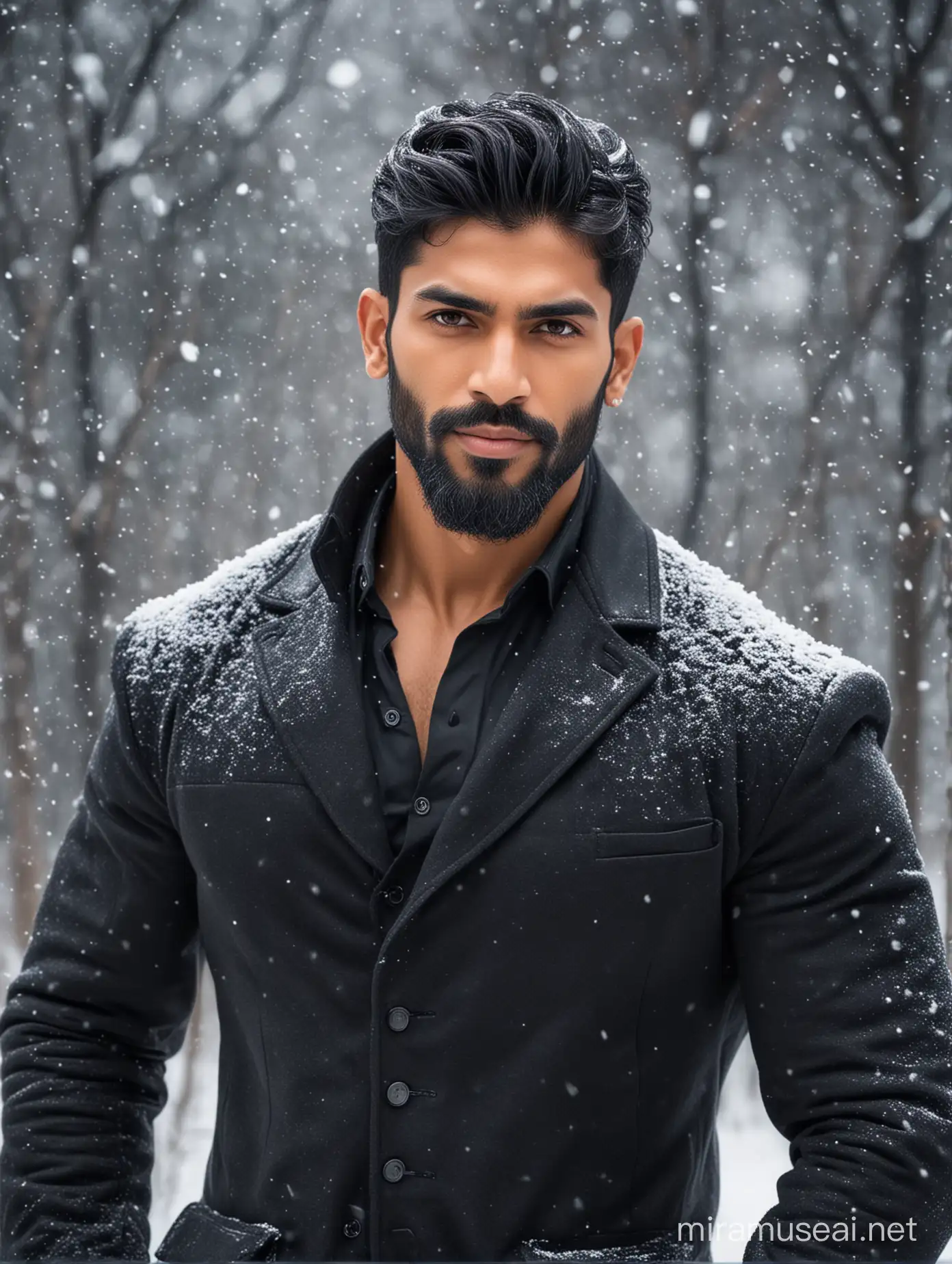 Tall and handsome muscular Indian men with beautiful hairstyle and beard and Big wide shoulder in black jacket in snowy background 