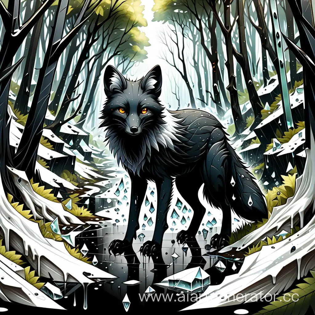Enigmatic-Black-Fox-Standing-Amidst-Shards-of-Glass-in-Dense-Forest