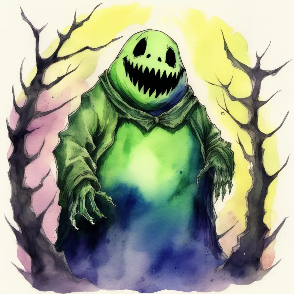 Oogie Boogie but in the Studio Ghibli universe with more pastels and more watercolour
