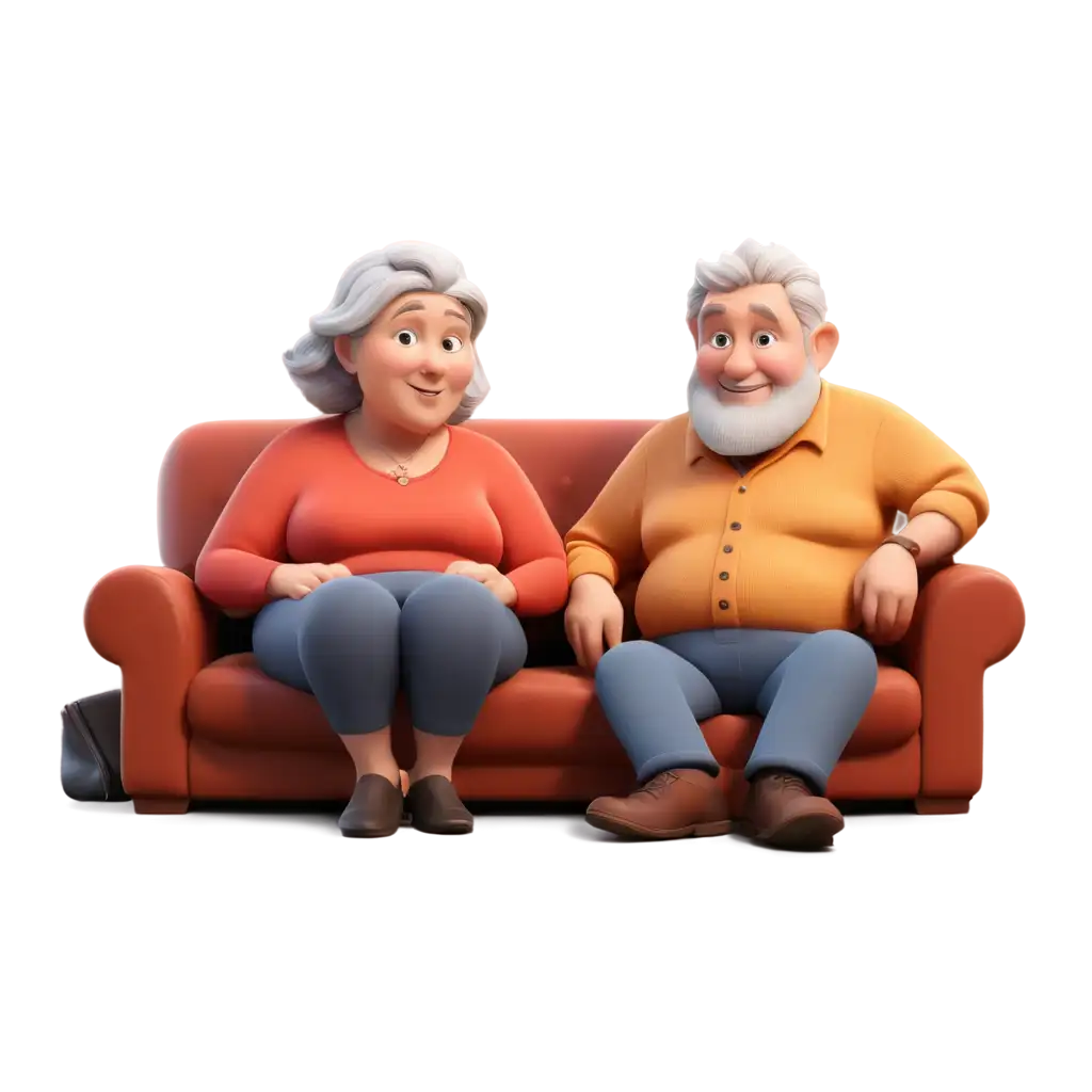 cartoon 3d sitting on the sofa, fat,grandparents
