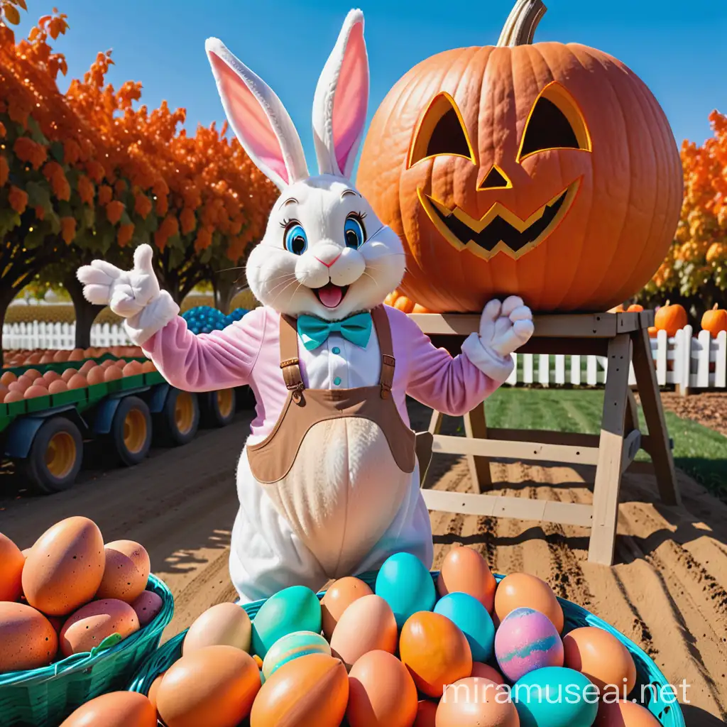 Easter bunny with a giant pumpkin head, basket full of colored eggs. Wishing a Happy Easter,  from Jerry's Pumpkin Patch