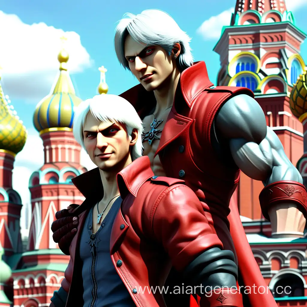 Dante from Devil May cry joyfully stands next to Putin, in the background Red Square in Moscow