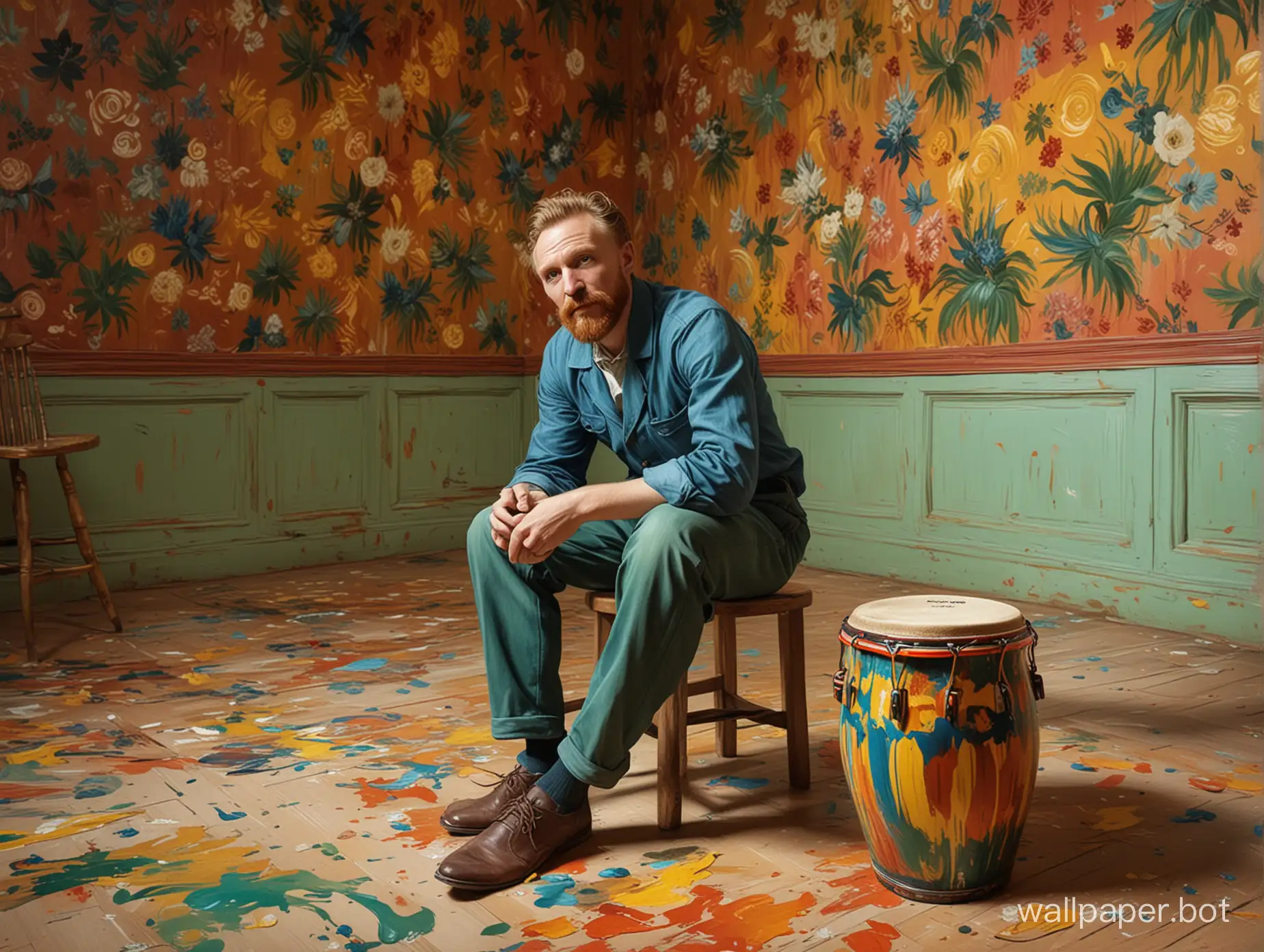 A whimsical and imaginative digital artwork featuring Vincent van Gogh, humorously renamed as "Vincent Bongo." He is depicted seated in a vibrantly painted room, surrounded by his iconic swirling patterns and color palettes. In a playful twist, he holds a pair of colorful bongo drums instead of his traditional paintbrushes. The room exudes the artist's signature style, with swirling brush strokes on the walls and floor. The overall atmosphere of the image is joyful and lighthearted, showcasing a new side to the famous painter.