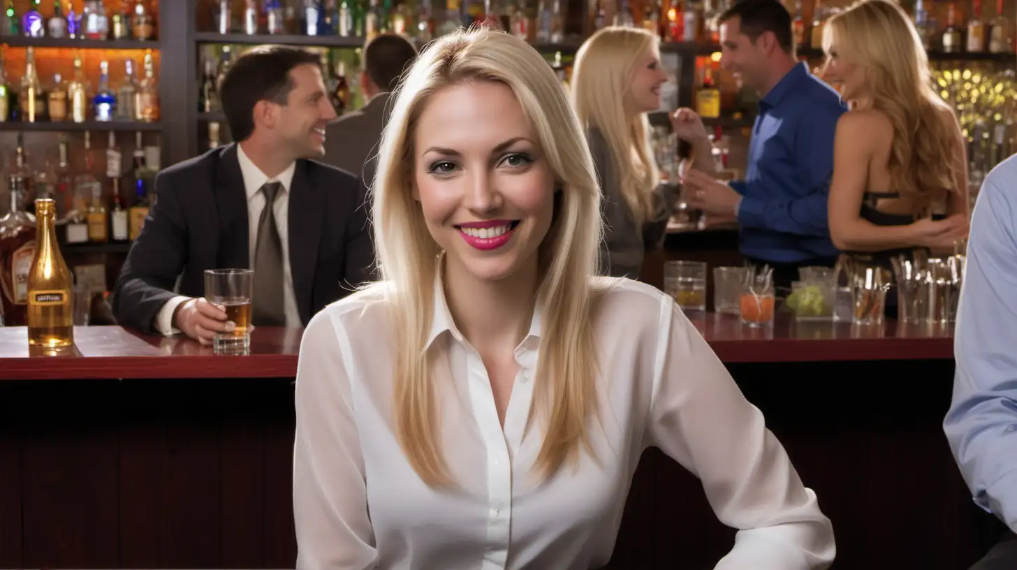 Subject: A mid-30s woman with long blonde hair
Setting: She is at an office party
Background: The background is a bar
Style/Coloring: The woman is dressed in white blouse
Action: She is seated at a table, friendly smile
