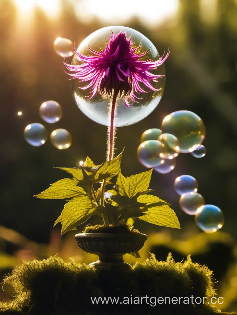 Monarda-Flower-on-Pedestal-with-Moss-and-Soap-Bubbles-in-Bright-Light