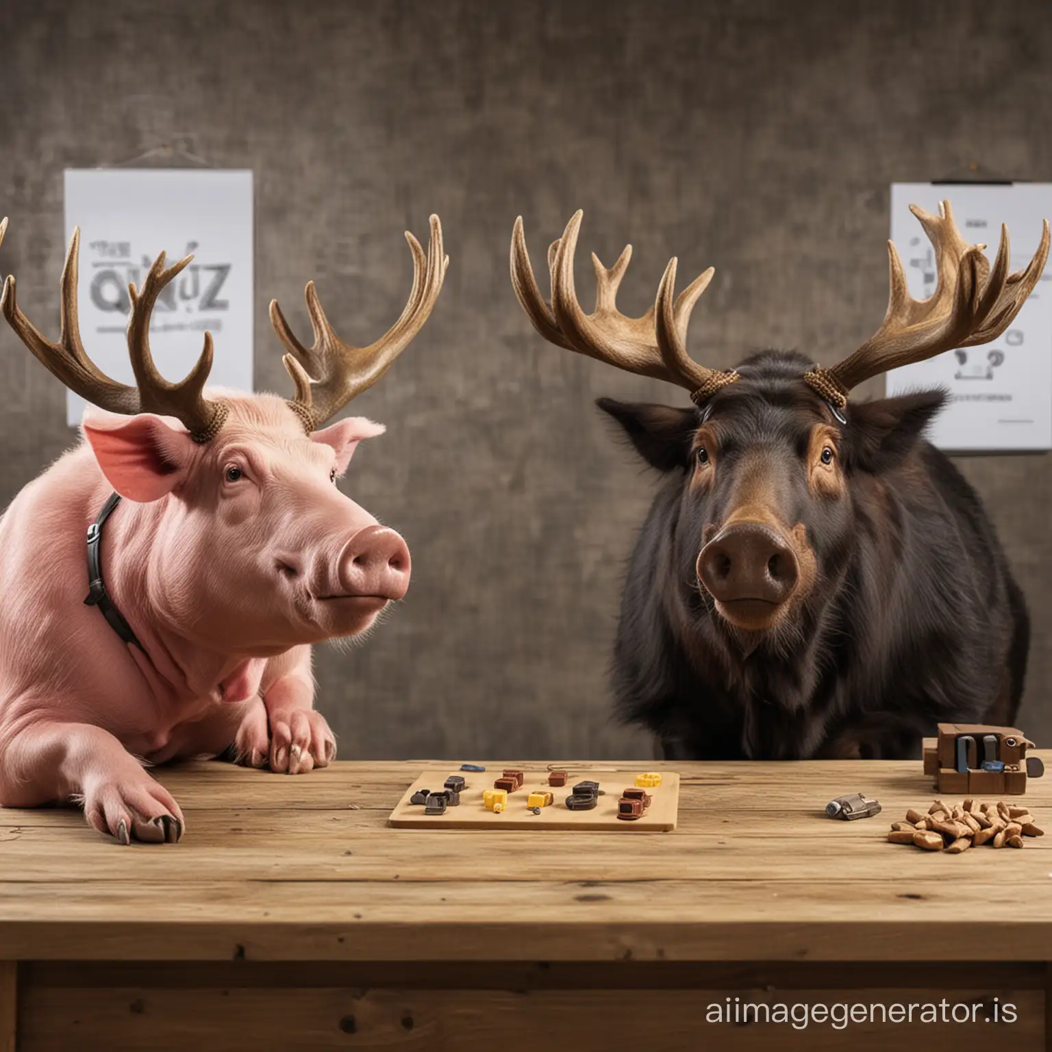 Crossbreed between moose with horns and pig, taking part in quiz show in game studio