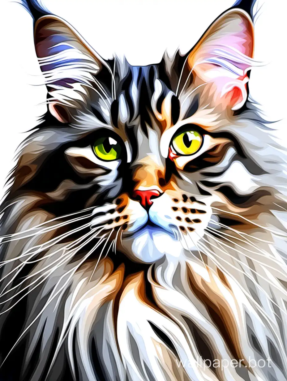 Maine Coon gray cat portrait, brush painting effect, painting strokes,  oil painting masterpiece, white background