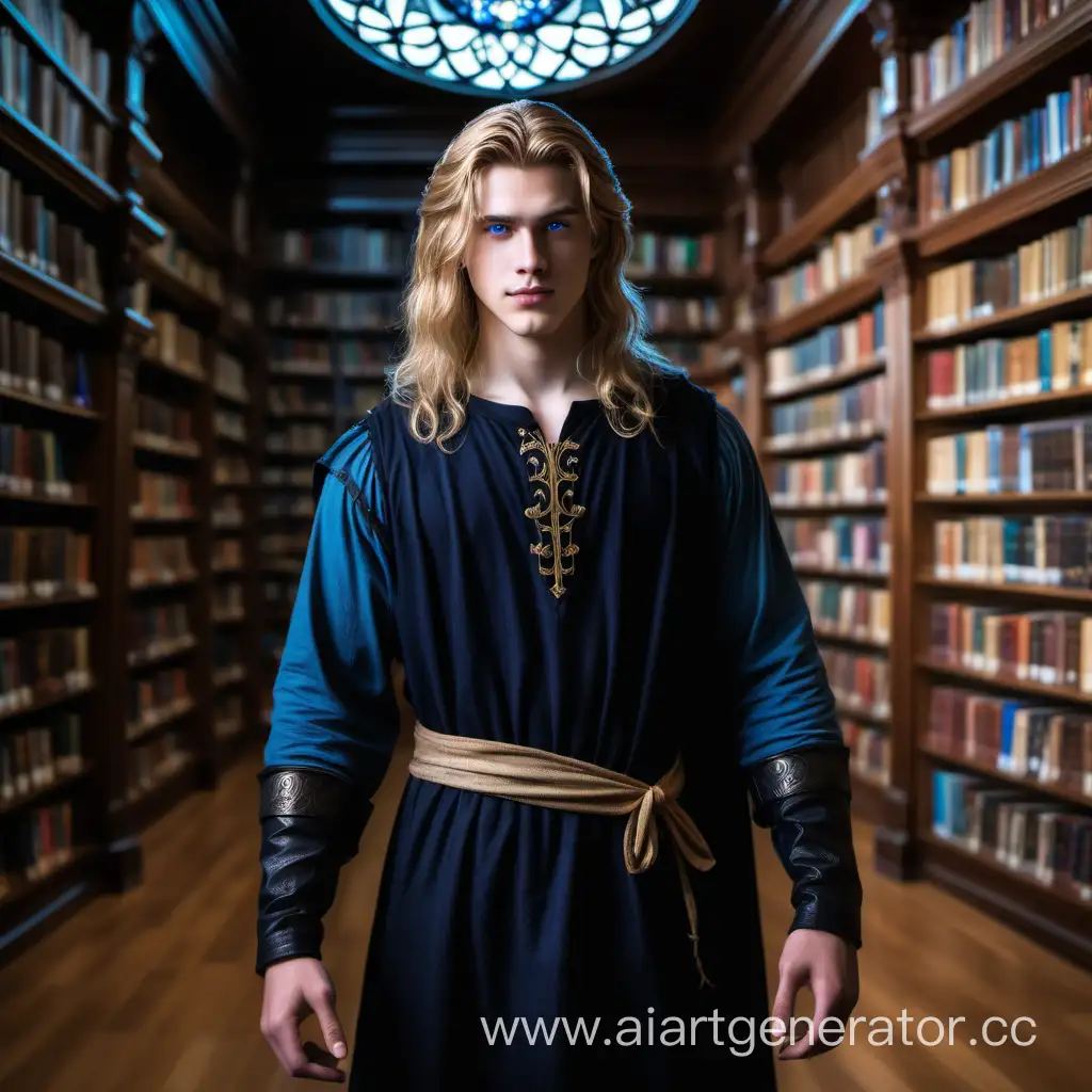 парень  двадцати лет, в темном камзоле
с широкими плечами, волосами пшеничного цвета  до плеч,  голубыми глазам  стоит в библиотеке из мира магии

