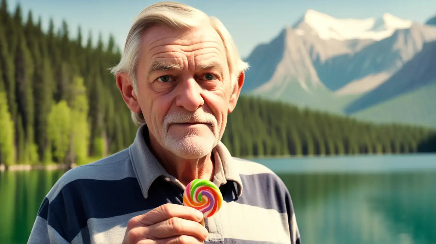 Older American man in front of a beautiful lake holds one candy in his hand