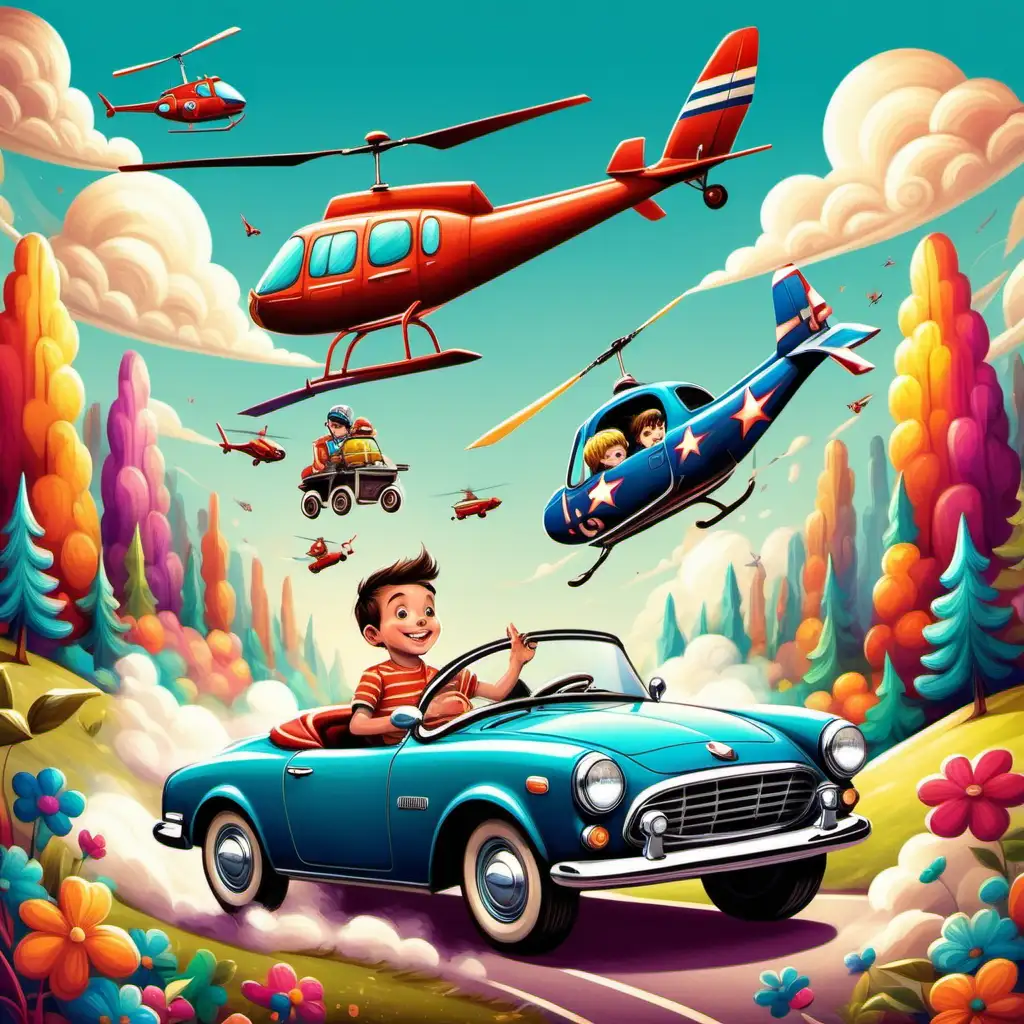 "Create a whimsical and colorful design featuring their favorite , BOY, driving vintage car,  HELICOPTER   , FIghter planes  " vibrant landscapes, or imaginative characters, sparking joy and creativity