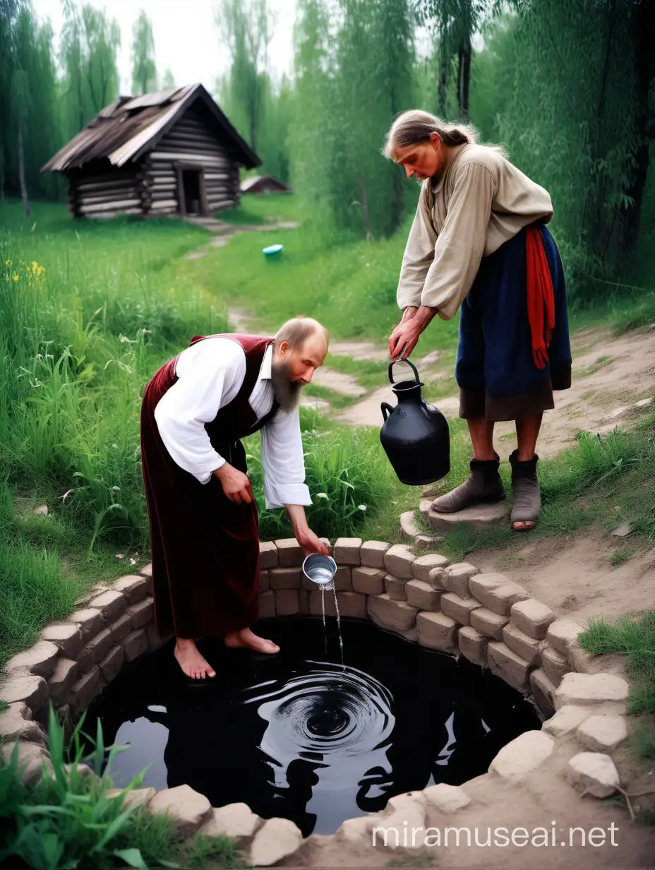 holy spring of a Russian village of the 19th century, a spring, there are many peasants around it, they collect water from a holy natural spring with clay jugs, one man stands and drinks water from a jug, a woman leans over the spring and draws water with a jug, dressed like poor peasants of the 19th century, men with a beard, Slavic Russian appearance,