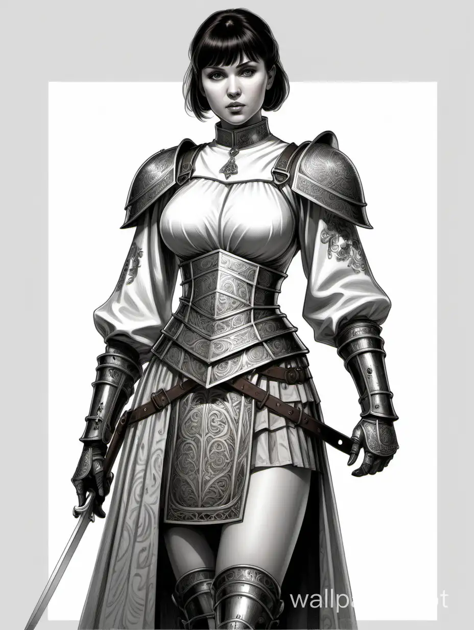 Svetlana Khodchenkova, Russian girl inquisitor killer, short dark hair with bangs, large breasts size 4, narrow waist, wide hips, ancient short armor with metallic ornaments, exposed abdomen, skirt with metallic overlays, black and white sketch, white background, Victorian style