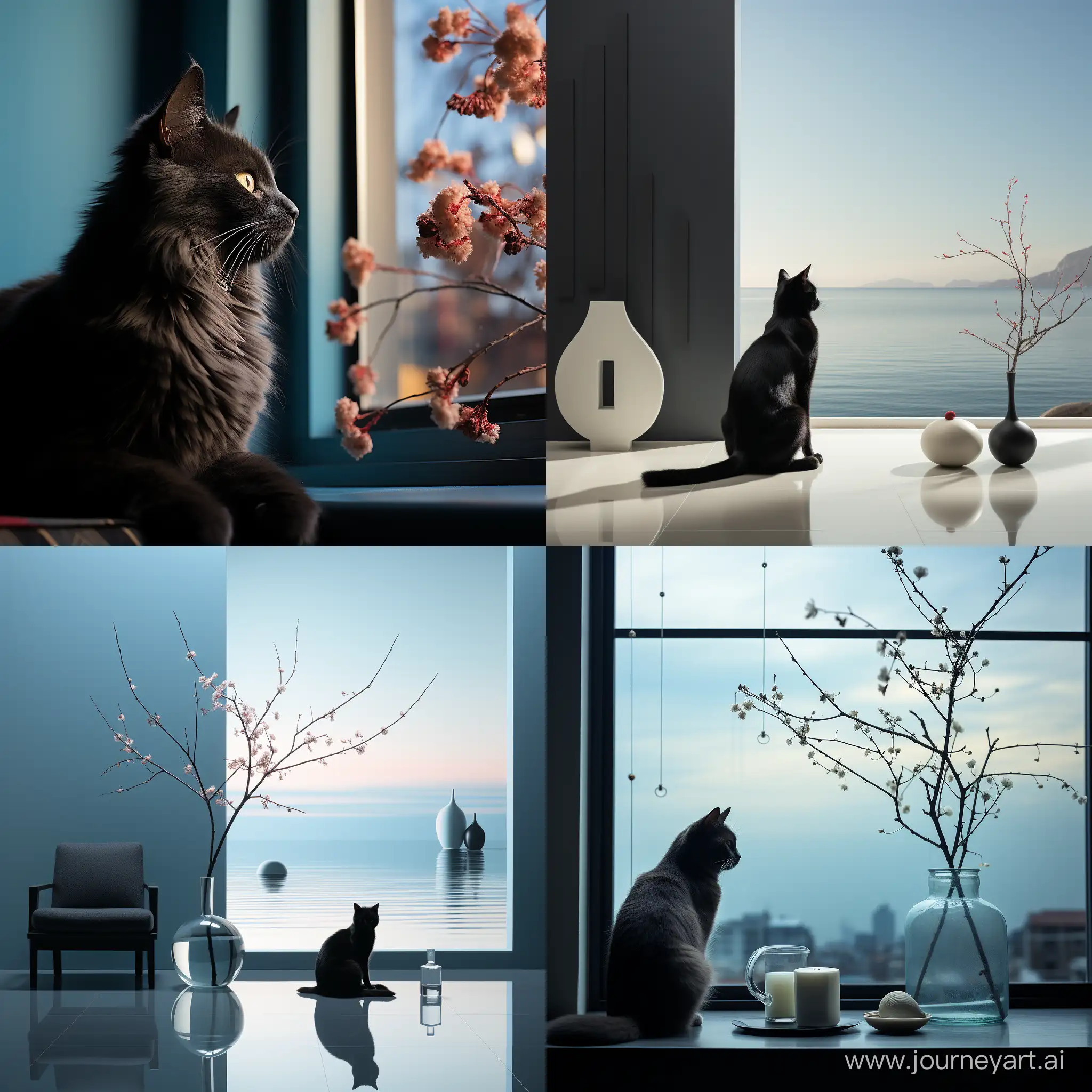 Минимализм::1.3, голубая кошка с черными узорами лениво разлеглась на фоне окна, мягкий свет проникает через окна отбрасывая блики на cc кошку, --s 1000