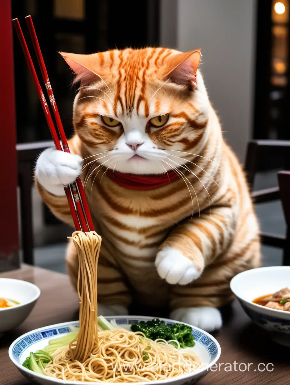 Fat cat Ginger, how to eat noodles in a restaurant with Chinese chopsticks