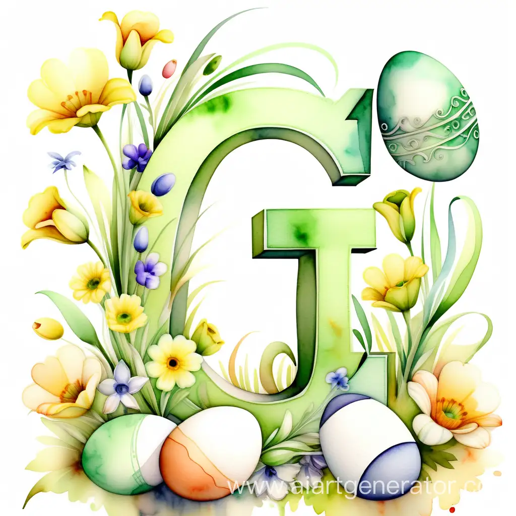Detailed description of the letter "G" high quality,, 8K Ultra HD, watercolor painting, watercolor,  EASTER,EASTER EGGS AND SPRING FLOWERS high detail,green color