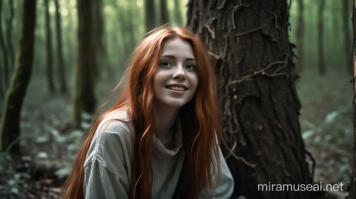 Young Redhead Woman Communicating with Enchanted Tree in Forest