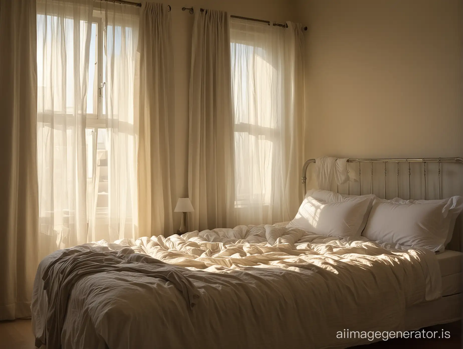 A cozy bedroom filled with morning sunlight streaming through sheer curtains. The bed, neatly made with soft pillows, occupies the center of the room. John, with a disheveled appearance, sits up on the right side of the bed, facing the empty space beside him. His expression is a mix of confusion and concern as he gazes at the vacant spot where his wife usually sleeps.