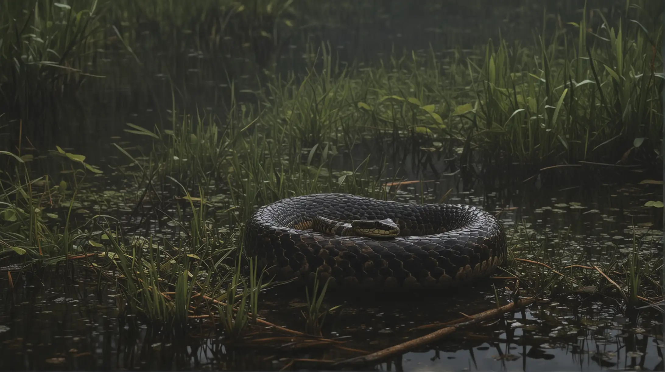 Generate an image of a water moccasin on the banks of a dark, murky swamp.
