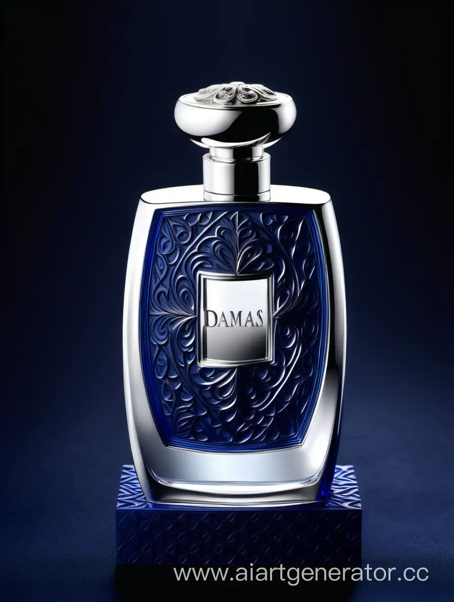 A luxurious (((silver and dark matt blue perfume))), textured crafted with intricate 3D details reflecting light around a ((black background)), with a elegant ((Damas text logo))