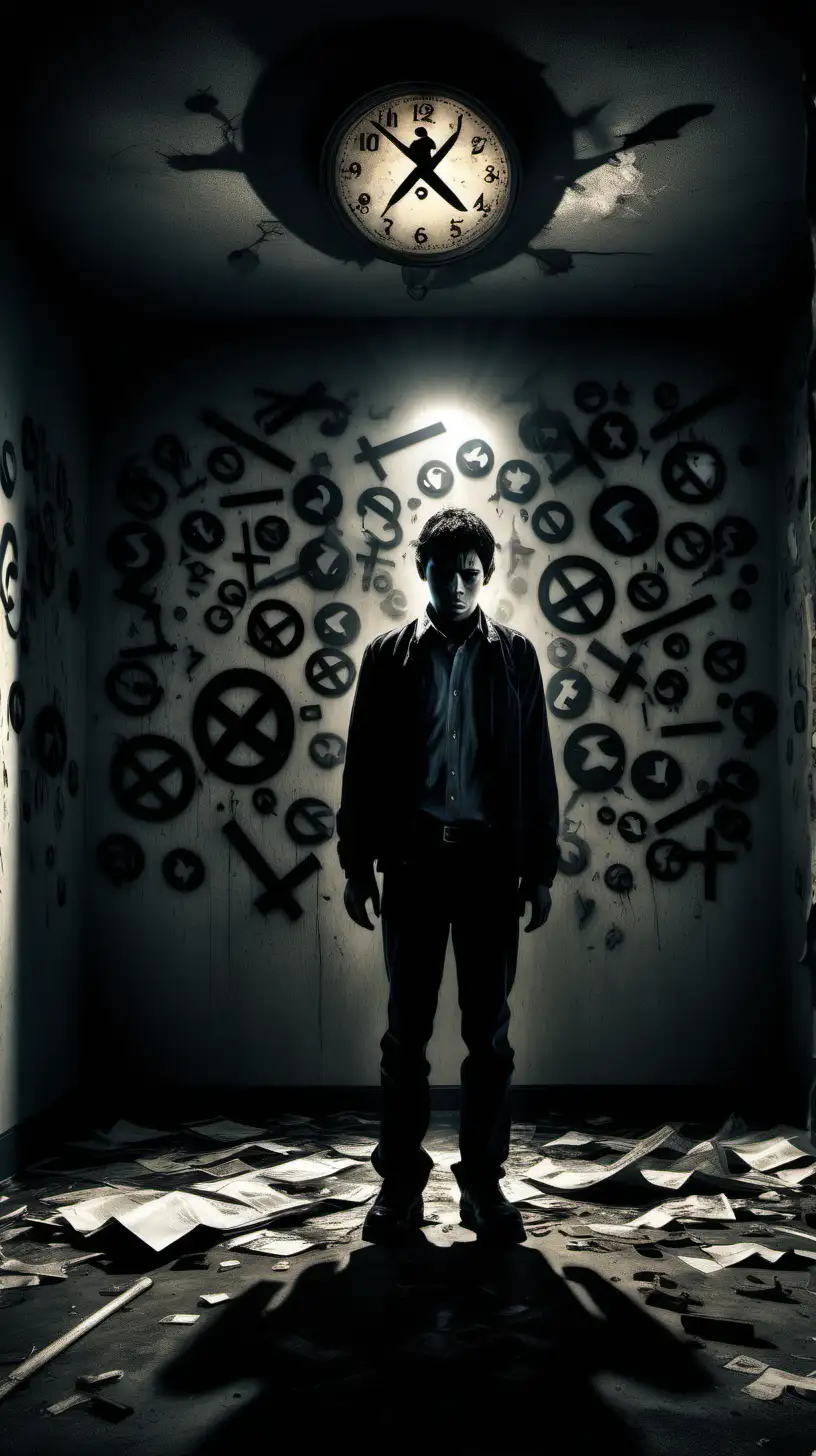 Convey the urgency with an image featuring a distressed individual, surrounded by ominous shadows and symbols of trouble. The stark lighting intensifies the atmosphere, portraying the gravity of the situation and the person facing serious trouble. Distressed individual, urgency, ominous shadows, symbols of trouble, stark lighting, gravity, serious trouble.
