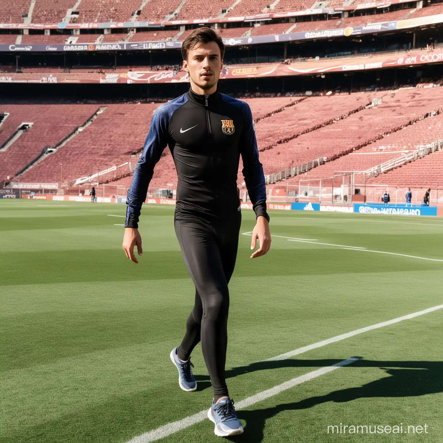 A young man person jogging in a hot summerday in Barcelona Camp nou While wearing a skin tight fleece Chelsea football  high neck collar catsuit with a zipper through The crotch.
