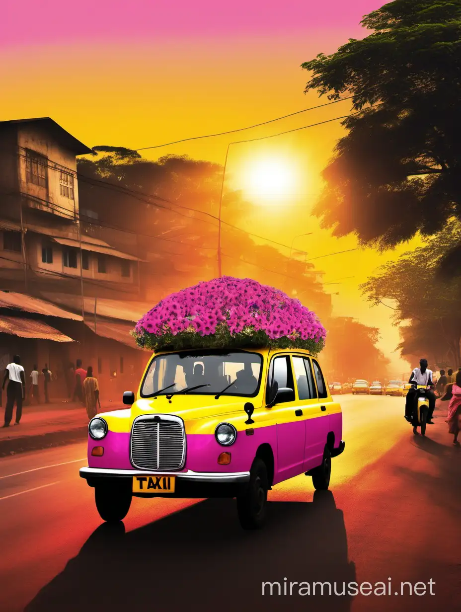 make me a picture of a Ugandan taxi on the move with a background of a setting sun, with hues of yellow, pink with flowers pouring from the windows