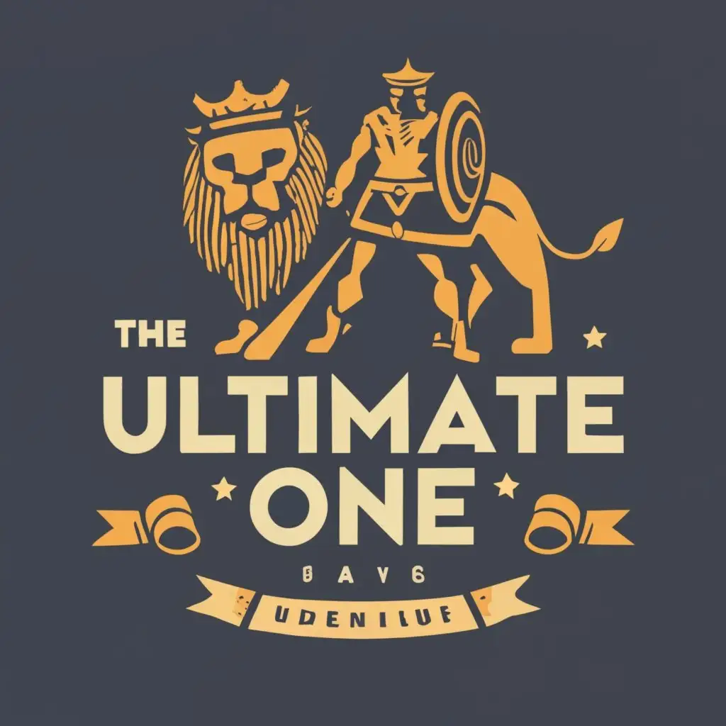 logo, LION WITH CROWN BESIDE WARRIOR, with the text "ULTIMATE ONE", typography